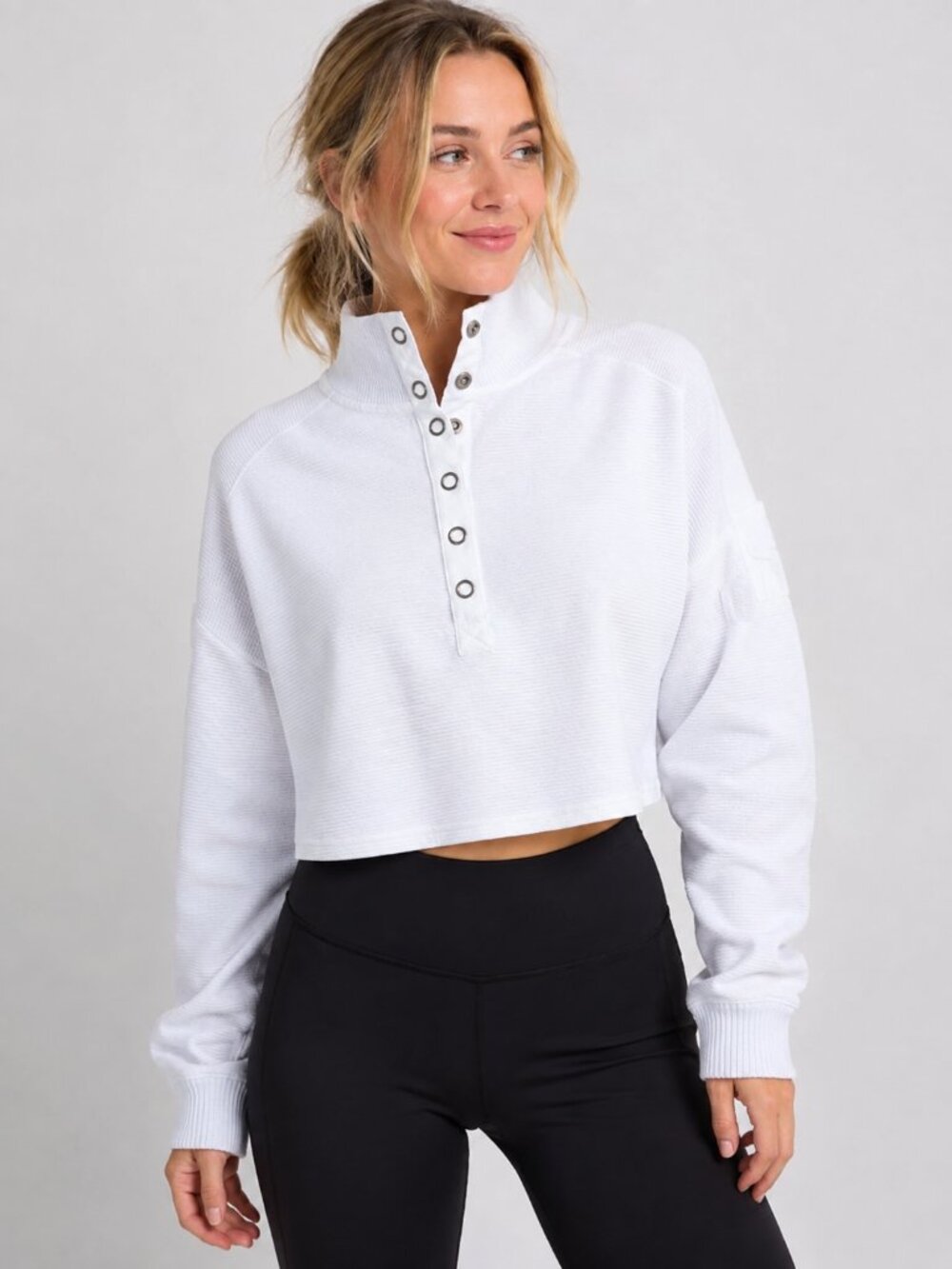 Free People Movement White Crop So Fly Henley Pullover Snap Neck Athleisure Sz M
